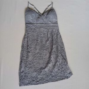 Pear Culture Gray Lace Sparkly Mini Dress Sweetheart Sz L Cocktail NYE Dance